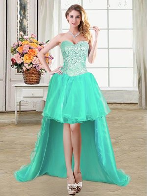 High Low Lace Up Cocktail Dress Turquoise and In for Prom and Party with Beading and Ruffles and Pick Ups