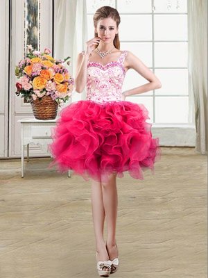 Comfortable Straps Sleeveless Organza Cocktail Dress Beading and Lace and Ruffles Lace Up