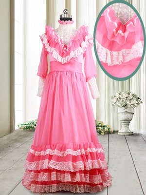 Customized Pink Mother Of The Bride Dress Chiffon Brush Train Long Sleeves Beading and Lace and Ruffled Layers