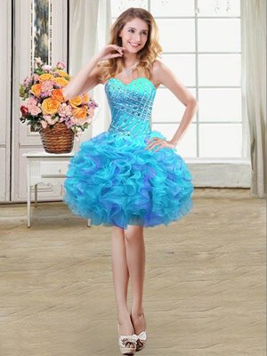 Glamorous Multi-color Lace Up Cocktail Dresses Beading and Ruffles Sleeveless Mini Length