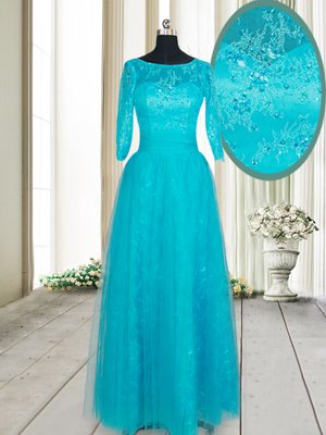 Scoop Teal Zipper Prom Gown Beading and Lace and Appliques Half Sleeves Floor Length