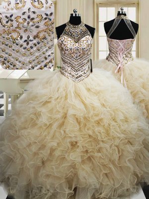 Stylish Halter Top Sleeveless Floor Length Beading and Ruffles Lace Up Sweet 16 Dresses with Champagne