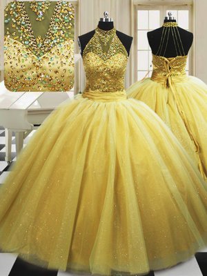With Train Ball Gowns Sleeveless Yellow Quinceanera Gown Sweep Train Lace Up