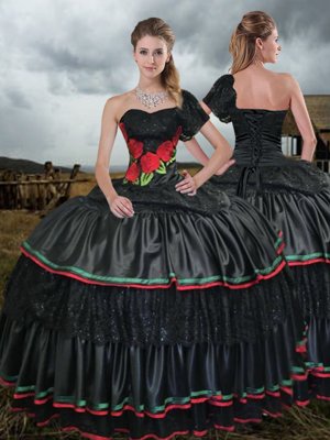 Traditional One Shoulder Black Ball Gowns Embroidery Quinceanera Dress Lace Up Taffeta Sleeveless With Train