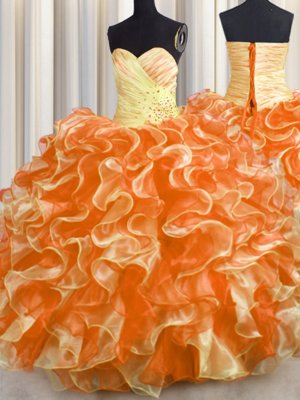 Hot Sale Aqua Blue Quince Ball Gowns Organza and Sequined Court Train Sleeveless Beading and Appliques