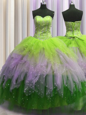 Custom Designed Visible Boning Multi-color Ball Gowns Sweetheart Sleeveless Tulle Floor Length Lace Up Beading and Ruffles and Sequins Vestidos de Quinceanera