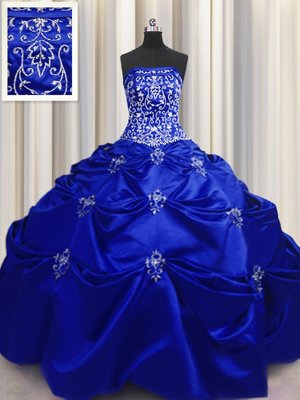 Beautiful Strapless Sleeveless Sweet 16 Dress Floor Length Beading and Appliques and Embroidery Royal Blue Taffeta