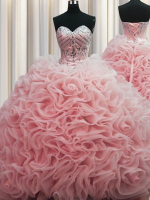 Exceptional Brush Train Sweetheart Sleeveless Quinceanera Gowns Floor Length Beading and Pick Ups Baby Pink Fabric With Rolling Flowers