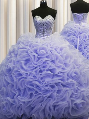 Free and Easy Brush Train Ball Gowns Quinceanera Dress Lavender Sweetheart Fabric With Rolling Flowers Sleeveless Lace Up