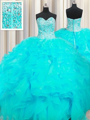 Royal Blue Sleeveless Floor Length Beading and Ruffles Lace Up 15 Quinceanera Dress