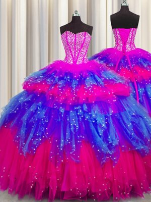 Bling-bling Visible Boning Ball Gowns Quinceanera Dress Multi-color Sweetheart Tulle Sleeveless Floor Length Lace Up