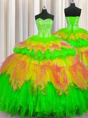 Flirting Bling-bling Visible Boning Ball Gowns Quinceanera Dresses Multi-color Sweetheart Tulle Sleeveless Floor Length Lace Up