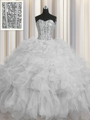 Beautiful Visible Boning Sleeveless Tulle Floor Length Lace Up Quinceanera Dress in Grey for with Beading and Ruffles and Sequins