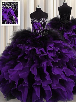 Floor Length Black And Purple Quinceanera Dress Organza and Tulle Sleeveless Beading and Ruffles