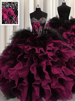 Red And Black Ball Gowns Beading and Ruffles Sweet 16 Quinceanera Dress Lace Up Organza and Tulle Sleeveless Floor Length