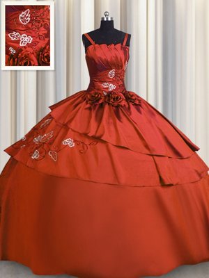 Rust Red Ball Gowns Beading and Embroidery Ball Gown Prom Dress Lace Up Satin Sleeveless Floor Length