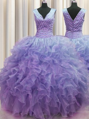 V Neck Zipper Up Sleeveless Zipper Floor Length Ruffles Ball Gown Prom Dress