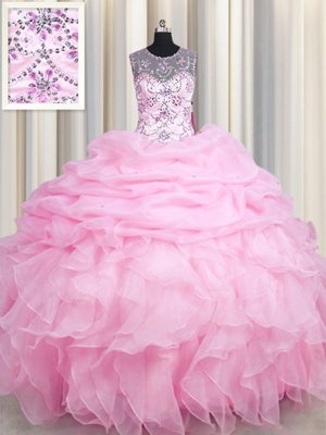 Pretty See Through Floor Length Lace Up Vestidos de Quinceanera Rose Pink and In for Military Ball and Sweet 16 and Quinceanera with Beading and Ruffles and Pick Ups