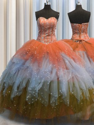 Visible Boning Sleeveless Beading and Ruffles and Sequins Lace Up 15 Quinceanera Dress