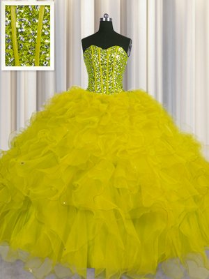 Simple Visible Boning Yellow Sleeveless Floor Length Beading and Ruffles and Sequins Lace Up Ball Gown Prom Dress