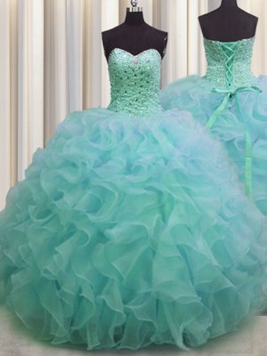 Custom Designed Beaded Bust Turquoise Ball Gowns Beading and Ruffles Quince Ball Gowns Lace Up Organza Sleeveless Floor Length