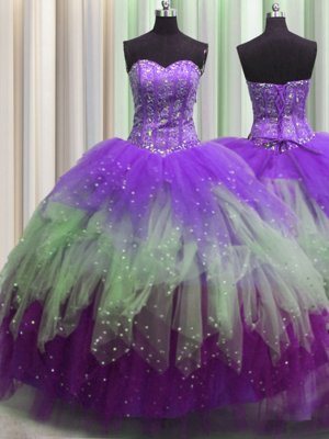 Visible Boning Multi-color Ball Gowns Sweetheart Sleeveless Tulle Floor Length Lace Up Beading and Ruffles and Sequins Ball Gown Prom Dress