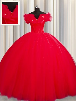 Off The Shoulder Red Tulle Lace Up Vestidos de Quinceanera Short Sleeves With Train Court Train Ruching