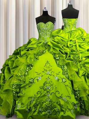 Artistic Olive Green Sleeveless Floor Length Beading and Embroidery and Ruffles and Sequins and Pick Ups Lace Up 15 Quinceanera Dress