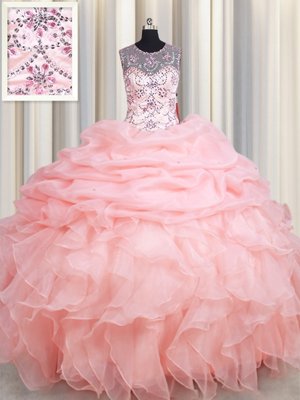 Glorious See Through Baby Pink Scoop Lace Up Beading and Ruffles and Pick Ups Quince Ball Gowns Sleeveless