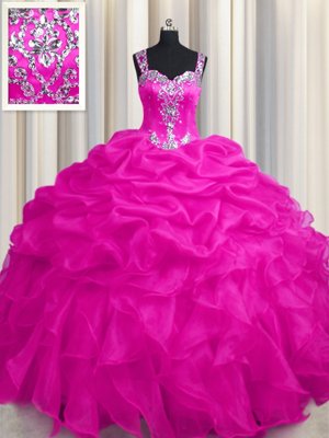 See Through Zipper Up Hot Pink Sleeveless Floor Length Appliques and Ruffles and Ruffled Layers Zipper Vestidos de Quinceanera