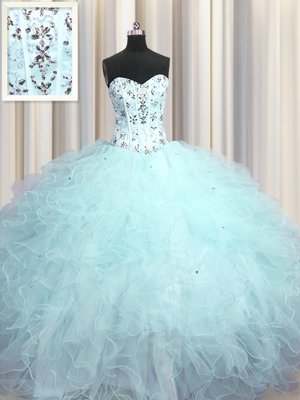Glamorous Visible Boning Light Blue Sleeveless Beading and Appliques and Ruffles Floor Length Ball Gown Prom Dress
