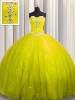 Perfect Visible Boning Tulle Sleeveless Floor Length 15 Quinceanera Dress and Beading and Ruffles and Sequins