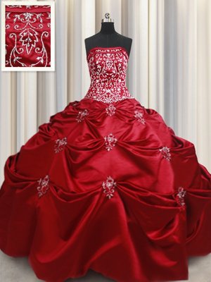 Embroidery Floor Length Wine Red 15th Birthday Dress Strapless Sleeveless Lace Up