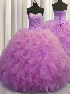 Lilac Organza Lace Up Sweet 16 Dresses Sleeveless Floor Length Beading and Ruffles