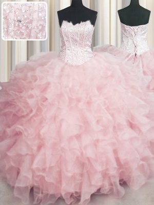 Comfortable Visible Boning Scalloped Floor Length Baby Pink Quinceanera Gown Organza Sleeveless Beading and Ruffles