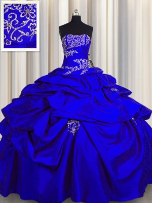 Exceptional Strapless Sleeveless 15th Birthday Dress Floor Length Appliques and Pick Ups Royal Blue Taffeta