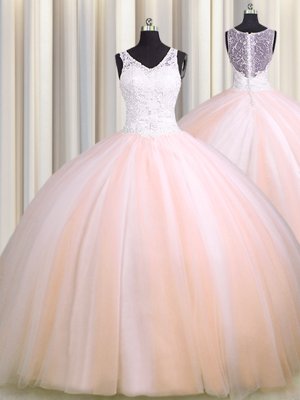 See Through Back Zipple Up Baby Pink and Peach Zipper Sweet 16 Dresses Beading and Appliques Sleeveless Brush Train