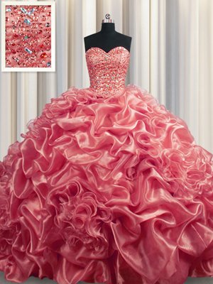 Pick Ups Court Train Ball Gowns Quinceanera Gowns Watermelon Red Sweetheart Organza Sleeveless With Train Lace Up