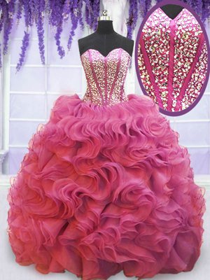 High Class Pink Sleeveless Organza Sweep Train Lace Up Quinceanera Dresses for Military Ball and Sweet 16 and Quinceanera
