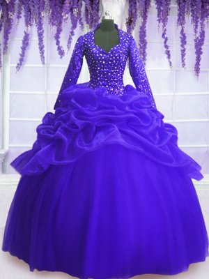New Arrival Royal Blue Ball Gowns Organza V-neck Long Sleeves Sequins and Pick Ups Floor Length Zipper Quinceanera Gowns