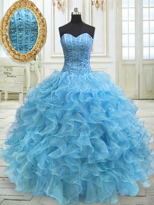 Glittering Baby Blue Ball Gowns Sweetheart Sleeveless Organza Floor Length Lace Up Beading and Ruffles 15th Birthday Dress