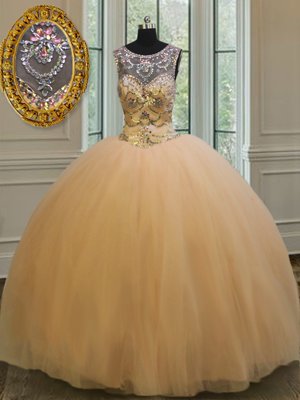 Backless Scoop Sleeveless Sweet 16 Dress Floor Length Beading and Appliques Gold Tulle