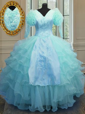 Artistic Long Sleeves Zipper Floor Length Embroidery and Ruffled Layers Ball Gown Prom Dress