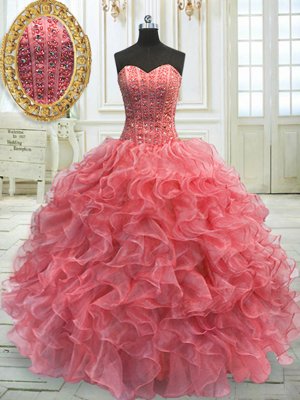 Sweet Watermelon Red Sweetheart Lace Up Beading and Ruffles 15th Birthday Dress Sleeveless