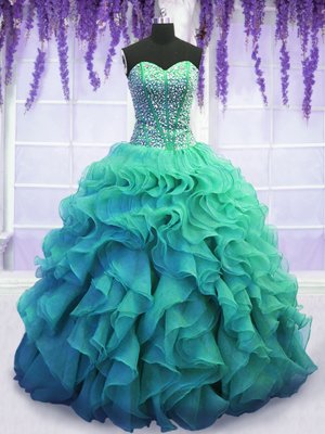 Turquoise Lace Up Sweetheart Beading and Ruffles Sweet 16 Dress Organza Sleeveless