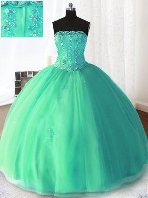 Traditional Turquoise Ball Gowns Strapless Sleeveless Tulle Floor Length Lace Up Beading and Appliques Quinceanera Gown