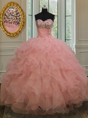Watermelon Red Ball Gowns Beading and Ruffles 15th Birthday Dress Lace Up Organza Sleeveless Floor Length