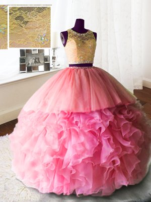 Scoop Beading and Lace and Ruffles 15th Birthday Dress Rose Pink Zipper Sleeveless With Brush Train