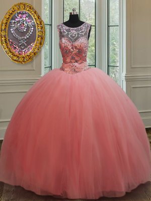 Latest Watermelon Red Ball Gown Prom Dress Military Ball and Sweet 16 and Quinceanera and For with Beading Scoop Sleeveless Lace Up