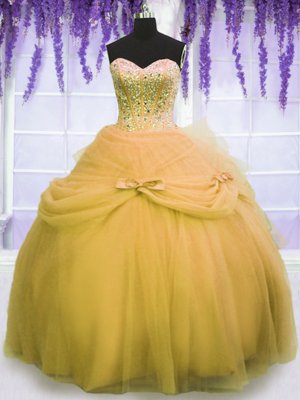 Custom Design Gold Lace Up Sweetheart Beading and Bowknot Quinceanera Dresses Tulle Sleeveless